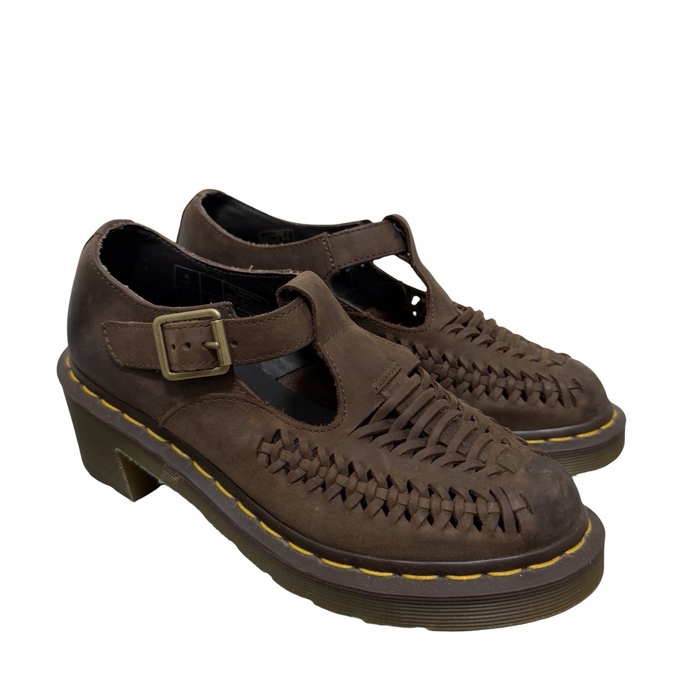 Dr Martens Womens Mindy Woven Vamp T-Bar Mary Jane Shoes US 6 Chunky Heel Brown - Picture 2 of 13